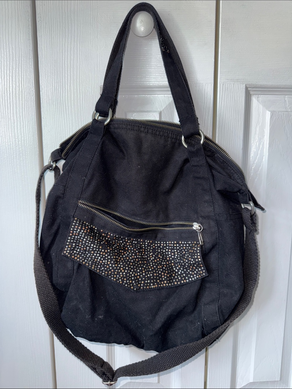 5 for $25. Black Women's Canvas Shoulder Bag with Studded Front Pocket